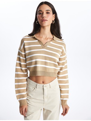 Lc Waikiki Yeni Sezon Polo Yaka Çizgili Uzun Kollu Crop Kadın Triko Kazak