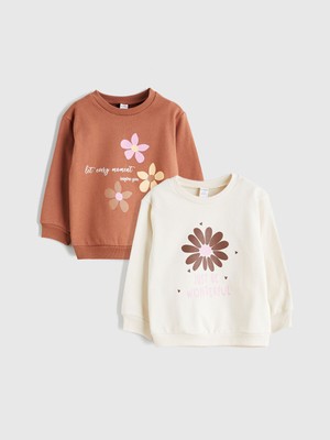 Lc Waikiki Yeni Sezon Bisiklet Yaka Baskılı Kız Çocuk Sweatshirt 2'li