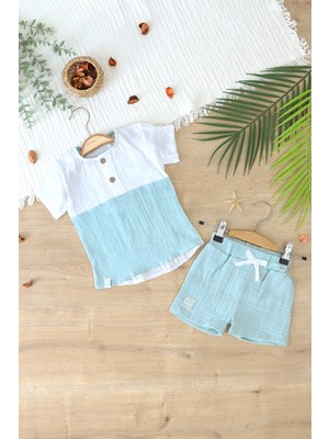 Sitilin Bebek % Pamuklu Müslin  Düğmeli Alt Üst Şortlu  Yazlık Erkek  Bebek Takımı STL6993