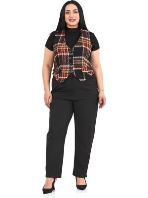 Disentis Modest Büyük Beden Düğme Kapamalı Cep Kapaklı Astarlı Kısa Çizgili Kaşe Siyah Yelek