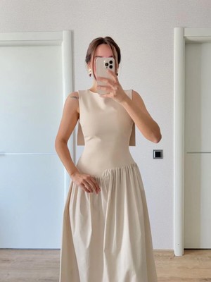 Rawea Fashion Krep Arkası Kanat Arka Ön Pens Detaylı Uzun Kadın Elbise - Bej