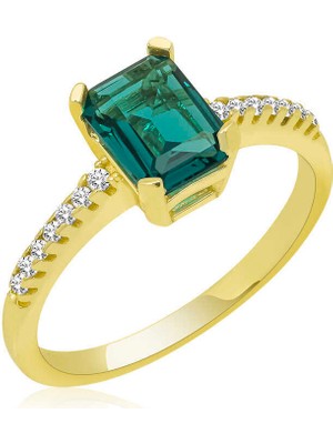 Gümüş Gold Yeşil Baget Taşlı Kadın Yüzük