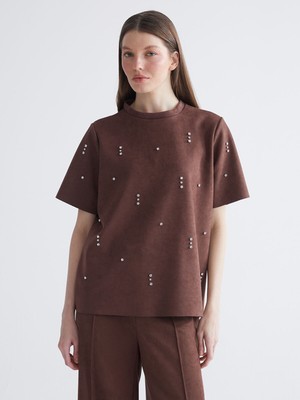 Lc Waikiki Yeni Sezon Bisiklet Yaka Taşlı Süet Görünümlü Bluz