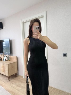 Rawea Fashion Fitilli Triko Elbise Kolsuz Sırtı Kapalı Maxi Uzun Boy - Siyah