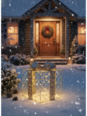 Dodomar 25X25 cm Yılbaşı Hediye Paketi Metal Süs - Gold Gümüş Payetli Boncuklu Lüks Noel Ağaç Altı Dekorasyonu