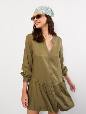 Lc Waikiki Yeni Sezon Kaçık Yaka Düz Uzun Kollu Gabardin Kadın Gömlek Elbise