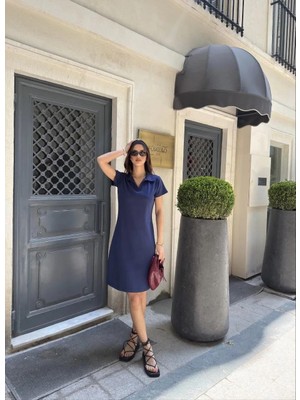 Rawea Fashion Osy Modal Yumuşak Dokulu Kumaş Yakalı Kısa Kollu Elbise - Mavi