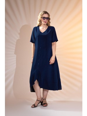 Roxxlen Kadın Büyük Beden Eteği Düğmeli-Volanlı Lacivert Elbise