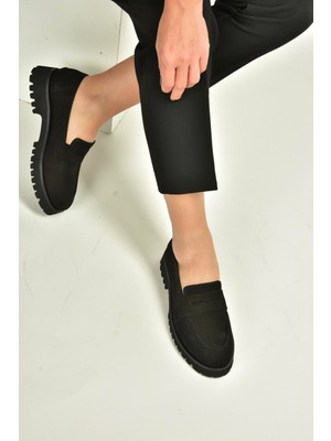 Fox Shoes V944086101 Siyah Hakiki Deri Nubuk Kalın Tabanlı Makosen Ayakkabı