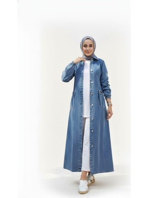 Harma Time Butik Kadın Düğmeli Cepli Kar Yıkamalı Denim Mavi Kot Kap Açık Mavi Renkli Rahat Kesim