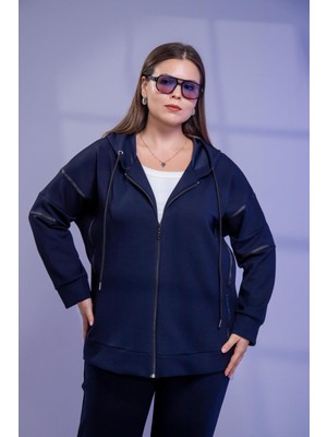 Roxxlen Kadın Büyük Beden Grogrenli-Fermuarlı Kapşonlu Lacivert Sweat
