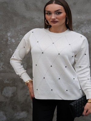 D'lavella Baklava Desen Taş Işlemeli Kazak