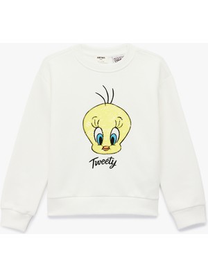 Koton Lisanslı Tweety Baskılı Uzun Kollu Bisiklet Yaka Sweatshirt