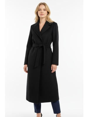 Rays Siyah Kuşaklı Uzun Astarlı Kadın Kaban 7242A