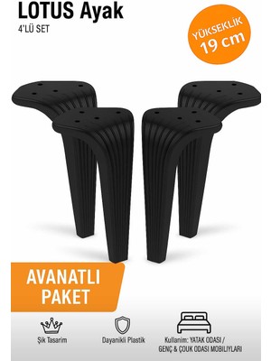 İmt Aksesuar Lotus 19 cm Siyah (4 Adet) Mobilya Koltuk Yatak Odası Tv Ünitesi Konsol ve Sehpa Ofis Mobilyası Ayağı