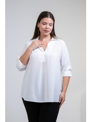 Roxxlen Kadın Büyük Beden V Gömlek Yaka Beyaz Bluz