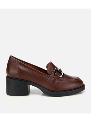 Hotiç Kadın Deri Kahverengi Tokalı Yüksek Topuklu Klasik Loafer