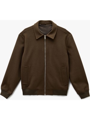 Koton Uzun Kollu Cepli Fermuarlı Gömlek Yaka Kaşe Bomber Ceket