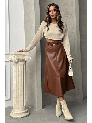 Ecenin Favorileri Bir Beden Küçük Alınız - Kahvrengi Suni Deri Midi Etek