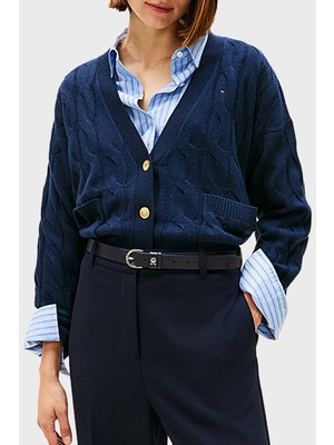 Tommy Hilfiger % 100 Yün Oversize V Yaka Örme Hırka Bayan Hırka WW0WW43089 C1G