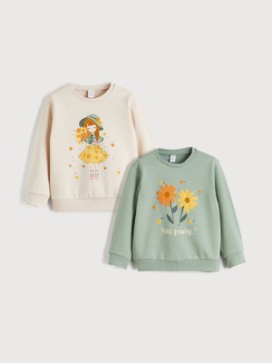 Lc Waikiki Kız Çocuk Pembe Kalın Sweatshirt 2'li Bisiklet Yaka ve Düz Desenli Tasarım