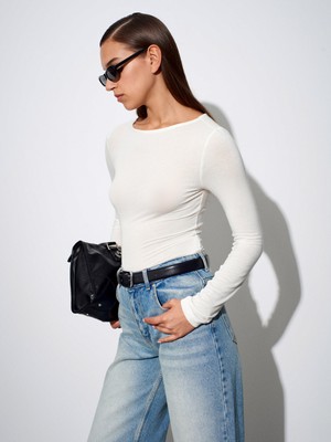 Dilvin 32325 Kayık Yaka Uzun Kollu Top-Ekru