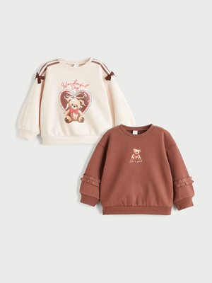 Lc Waikiki Yeni Sezon Bisiklet Yaka Baskılı Kız Çocuk Sweatshirt 2'li