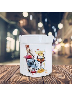 Şarap Şişesi ve Bardak Baskılı Küllük Kül Tablası -004714