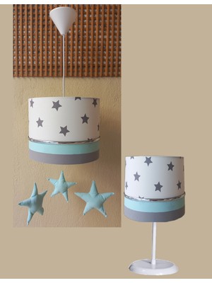 Onay Avize Beyaz Gri Yeşil Yıldızlı M-0413 Kumaş Kaplama 2.li Set Çocuk Odası ve Bebek Odası Avize ve Abajur Takımı