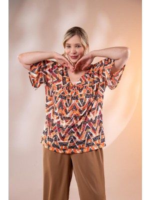 Roxxlen Kadın Büyük Beden V Yaka Bluz Turuncu Lacivert