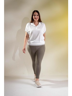 Roxxlen Kadın 1122556 Ribanalı Polo Yaka Haki Bluz
