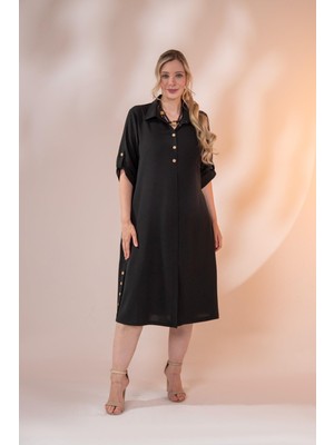 Roxxlen Kadın Büyük Beden Düğme Detaylı Siyah Elbise