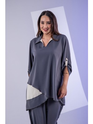Roxxlen Kadın Büyük Beden Asimetrik Tunik 2'li Takım Füme