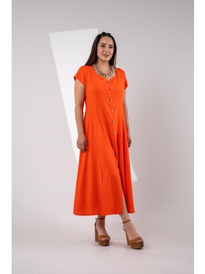 Roxxlen Kadın 111975 Büyük Beden Düğmeli Yırtmaçlı Elbise Turuncu Siyah