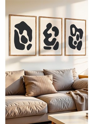 Zevahir Mobilya Dekorasyon 3 Parça Siyah Organik Formlar Ahşap Çerçeve Görünümlü Mdf Tablo Seti