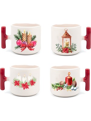 Dörtlü Yılbaşı Double Türk Kahve Fincanı-Bardak Altlıklı Set