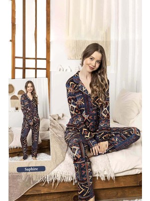 Remsa Kadın Kabile Desen Düğmeli Saphire Pijama Takımı 0335 SIYAH02