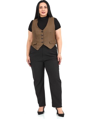 Disentis Modest Büyük Beden Düğme Kapamalı Cep Kapaklı Astarlı Kısa Küçük Kazayağı Desenli Vizon Yelek