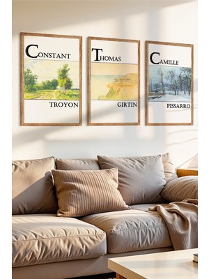 Zevahir Mobilya Dekorasyon 3 Parça Troyon Gırtın ve Pıssarro Temalı Ahşap Çerçeve Görünümlü Mdf Tablo Seti