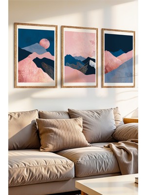 Zevahir Mobilya Dekorasyon 3 Parça Pembe Dağ Rüyası Ahşap Çerçeve Görünümlü Mdf Tablo Seti