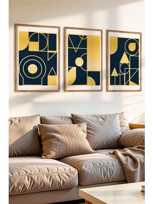 Zevahir Mobilya Dekorasyon 3 Parça Altın ve Lacivert Geometri Temalı Ahşap Çerçeve Görünümlü Mdf Tablo Seti