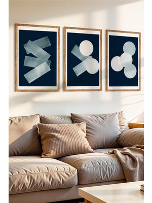 Zevahir Mobilya Dekorasyon 3 Parça Minimalist Soyut Geometri Temalı Ahşap Çerçeve Görünümlü Mdf Tablo Seti