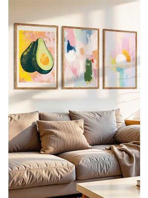 Zevahir Mobilya Dekorasyon 3 Parça Pastel Çizimli Ahşap Çerçeve Görünümlü Mdf Tablo Seti