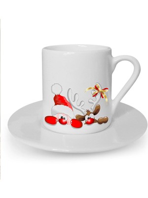 Yılbaşı Noel Temalı Sevimli Kedi Baskılı Beyaz Türk Kahvesi Fincanı