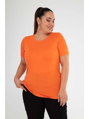 Roxxlen Kadın Büyük Beden V Yaka Basic Turuncu Bluz