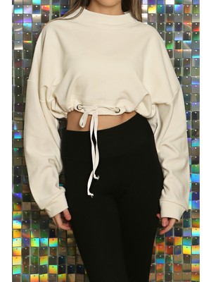 Sclouthe Kadın Baskılı Kuş Gözü Detaylı Kalın Şık Modern Crop Sweatshirt