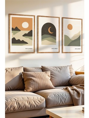 Zevahir Mobilya Dekorasyon 3 Parça Gün ve Gece Döngüsü Temalı Ahşap Çerçeve Görünümlü Mdf Tablo Seti