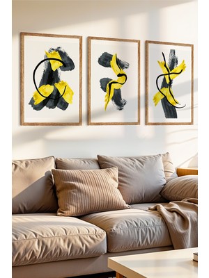 Zevahir Mobilya Dekorasyon 3 Parça Siyah ve Sarının Soyut Dansı Temalı Ahşap Çerçeve Görünümlü Mdf Tablo Seti