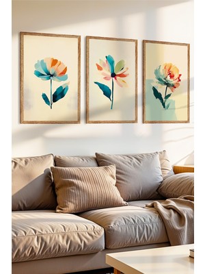 Zevahir Mobilya Dekorasyon 3 Parça Şeffaf Fırçalar ve Hafif Çiçekler Temalı Ahşap Çerçeve Görünümlü Mdf Tablo Seti