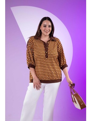 Roxxlen Kadın 3330377 Önü Düğmeli Desenli Kahverengi Bluz